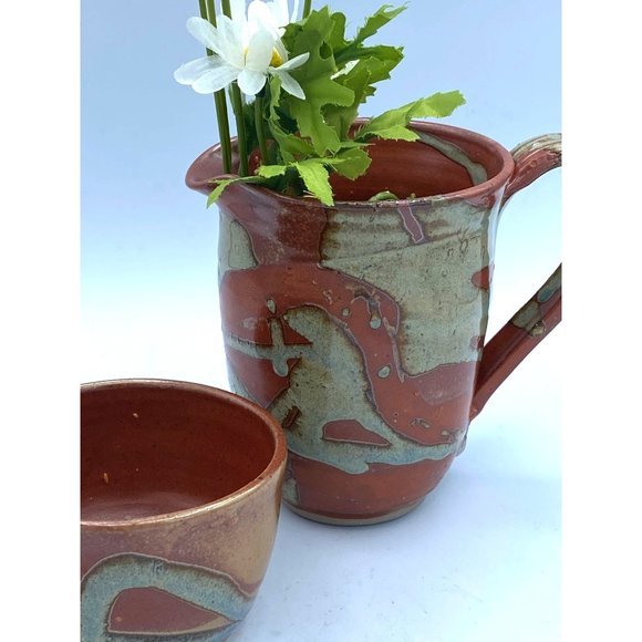 Hand Made Pottery Art Large Mug Pitcher With Small Matching Bowl /Cup - Picture 6 of 10